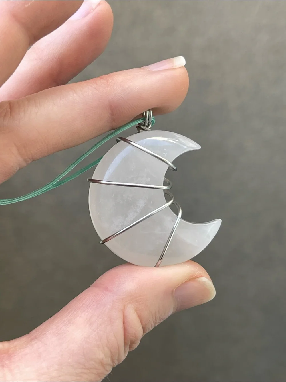 Clear Quartz Moon Necklace on Aqua Nylon Cord Stainless Steel Wire Wrap